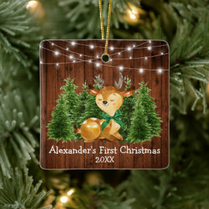 Baby's First Christmas Lights Deer Green Bow Ceramic Ornament