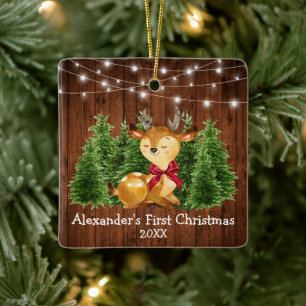 Baby's First Christmas Lights Deer Red Bow Ceramic Ornament