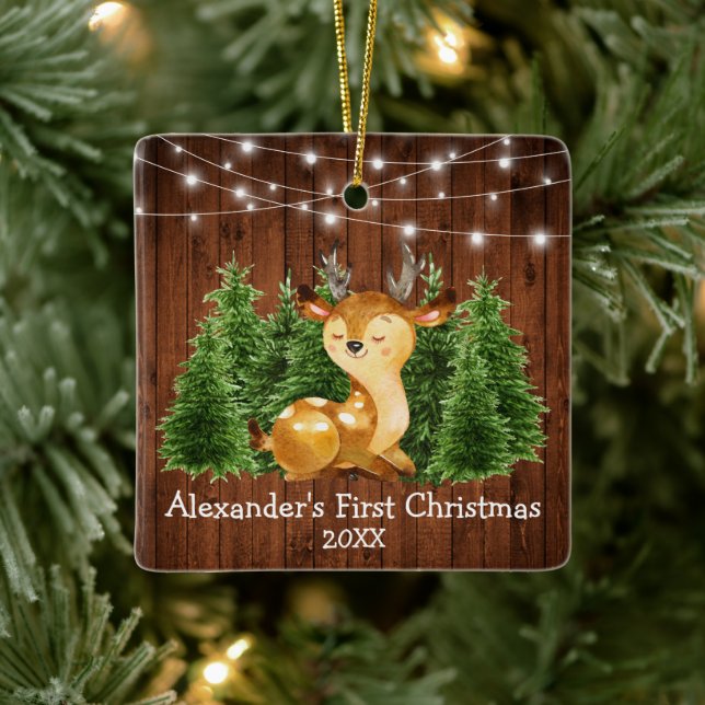 Baby's First Christmas Lights Watercolor Deer Ceramic Ornament (Tree)