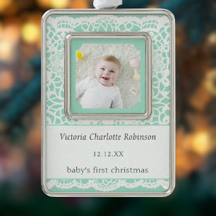 Baby's First Christmas Mint Green Lace Photo Silver Plated Framed Ornament
