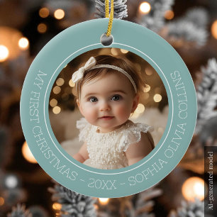 Baby's First Christmas Mint Modern 2 Photo Newborn Ceramic Tree Decoration
