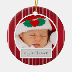 Baby's First Christmas Mod Stripes Pattern Red Ceramic Tree Decoration