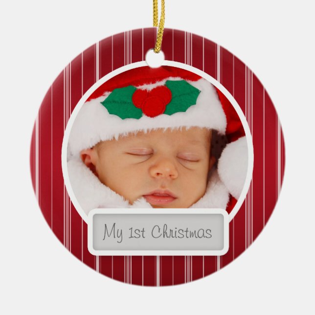 Baby's First Christmas Mod Stripes Pattern Red Ceramic Tree Decoration (Front)