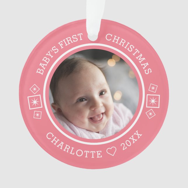 Baby's First Christmas Modern 2 Photo Pink Ornament (Front)