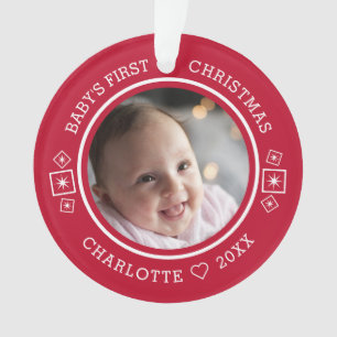 Baby's First Christmas Modern 2 Photo Red Ornament