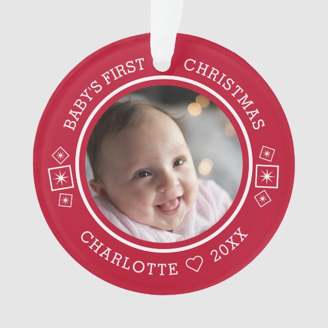Baby's First Christmas Modern 2 Photo Red Ornament (Front)