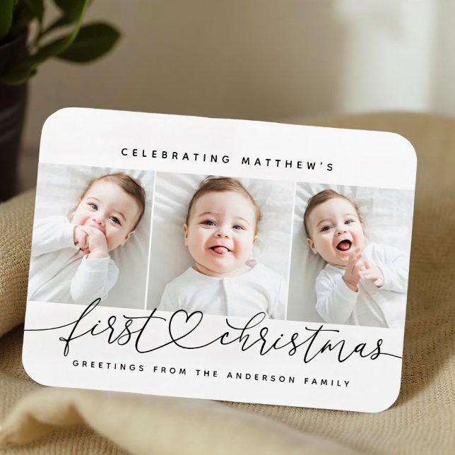 Baby's First Christmas Modern Simple 3 Photo Magnet (Creator Uploaded)