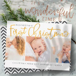 Baby's First Christmas Modern Simple Chic Photo Holiday Card<br><div class="desc">Design at the front consist of playful cursive typography of "First Christmas". Add a custom photo of your new baby and add baby's and family name. This design is modern,  chic,  playful and fun.</div>