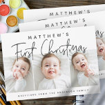 Baby's First Christmas Modern Simple Three Photo Holiday Postcard<br><div class="desc">Design at the front consist of playful cursive typography of "First Christmas". Add custom photos of your new baby and add baby's and family name. This design is modern,  chic,  playful and fun.</div>