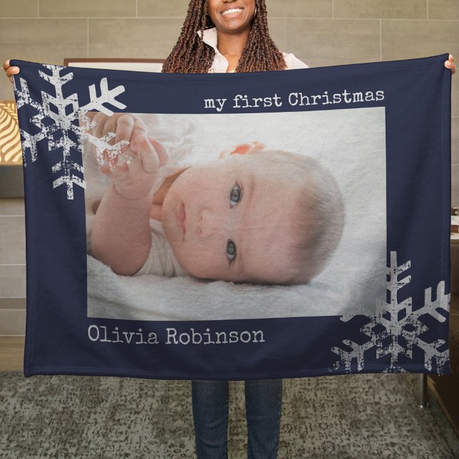 Baby's First Christmas Navy Blue Photo Snowflakes Fleece Blanket (Snowflake Baby's 1st Christmas holiday keepsake photo ornament perfect to bring joy to others.)