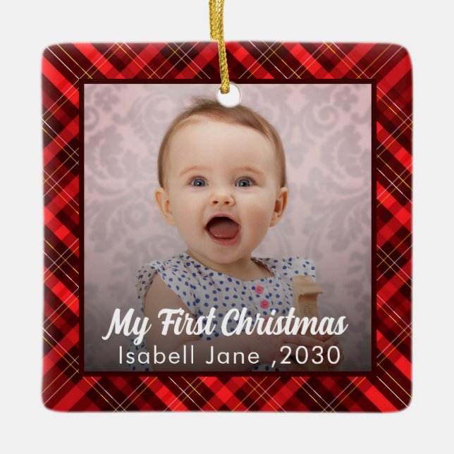 Baby's First Christmas Newborn Photo red plaid Ceramic Ornament (Front)