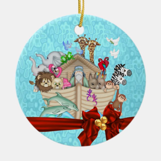 BABY'S FIRST CHRISTMAS  NOAHS ARK ORNAMENT red bow (Front)