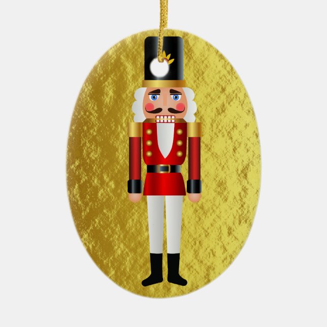 Baby's First Christmas Nutcracker Gold Personalise Ceramic Tree Decoration (Front)