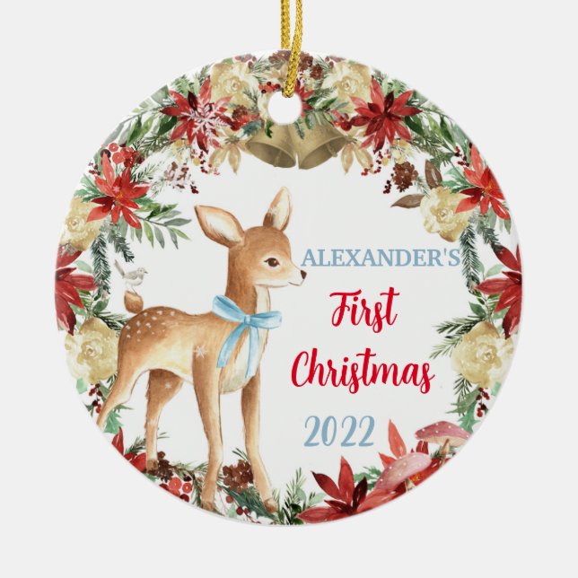 Babys First Christmas Ornament Boy Deer (Front)
