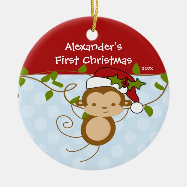 Baby's First Christmas Ornament Boy Santa Monkey (Front)