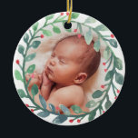 Baby's First Christmas Ornament | Christmas<br><div class="desc">Personalised circle ornament with our watercolor wreath artwork surrounding a placeholder to put your baby's photo. Personalise the back with the baby's name,  birth date and weight on the back. This makes a great one-of-a-kind gift for family and friends.</div>