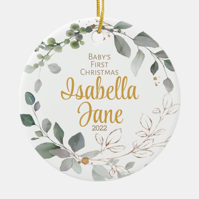Baby's First Christmas Ornament, Gold & Green Ceramic Tree Decoration (Front)