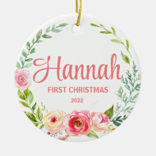 Baby's First Christmas Ornament Pink Floral Wreath