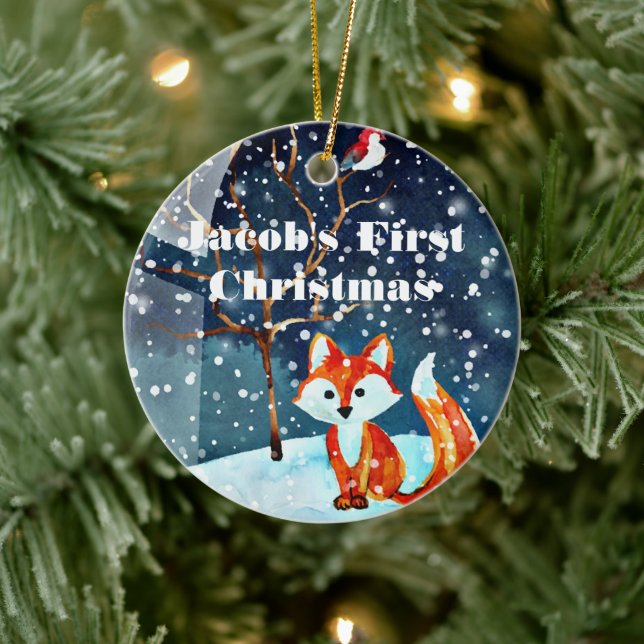 Baby's First Christmas Ornament - Watercolor Fox (Tree)