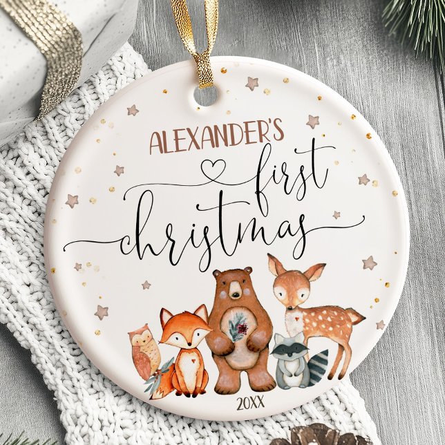 Baby's First Christmas Ornament Woodland animals (baby’s first christmas ornament, personalized christmas ornament, custom baby ornament, newborn holi)