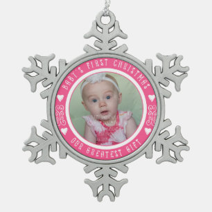 Baby's First Christmas - Our greatest gift PINK Snowflake Pewter Christmas Ornament
