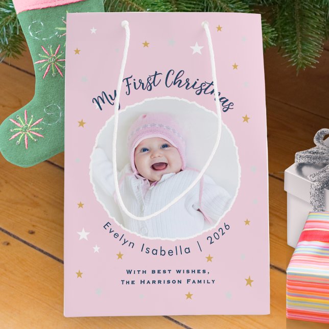 Baby's First Christmas Pastel Pink Custom Photo Medium Gift Bag (A cute, personalized photo gift bag for Baby's First Christmas, in light pink with elegant script)