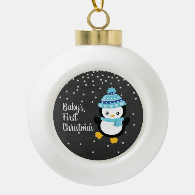 Baby's First Christmas Penguin Chalkboard  Ceramic Ball Christmas Ornament (Front)