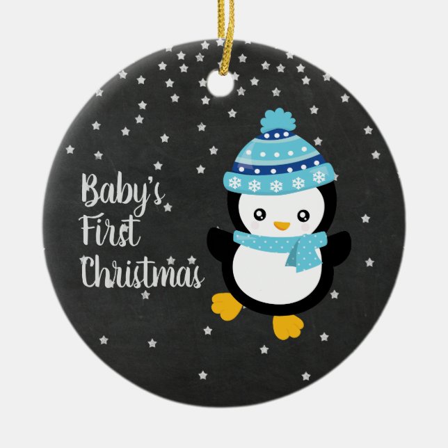 Baby's First Christmas Penguin Chalkboard Ceramic Tree Decoration (Front)