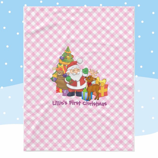 Baby's First Christmas Personalise Name Pink Fleece Blanket (Creator Uploaded)