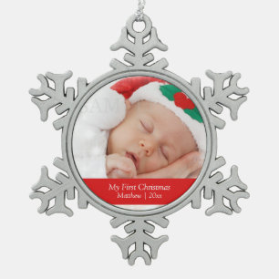 Babys First Christmas Personalised Photo Template Snowflake Pewter Christmas Ornament