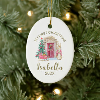 Baby's First Christmas Personalised Watercolor  Ceramic Tree Decoration