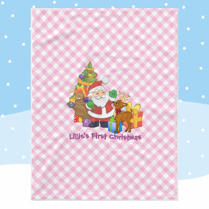 Baby's First Christmas Personalize Name Pink Fleece Blanket