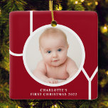 Baby's First Christmas Personilized Red Photo Ceramic Ornament<br><div class="desc">This stylish Baby's First Christmas Photo Ornament is decorated with the word JOY in white on a red background.
Easily customisable with your photo and name.</div>