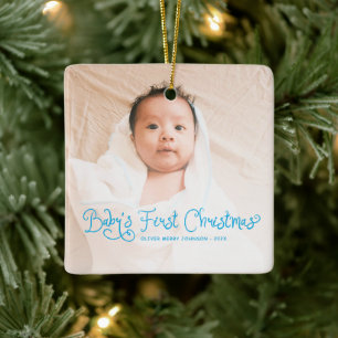 Babys First Christmas  Photo Blue Ceramic Ornament