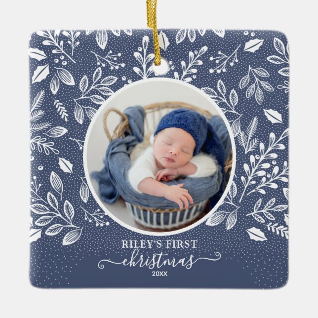 Baby's First Christmas Photo Blue Ceramic Ornament (Front)