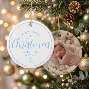 Baby's First Christmas Photo Blue Keepsake Ceramic Tree Decoration