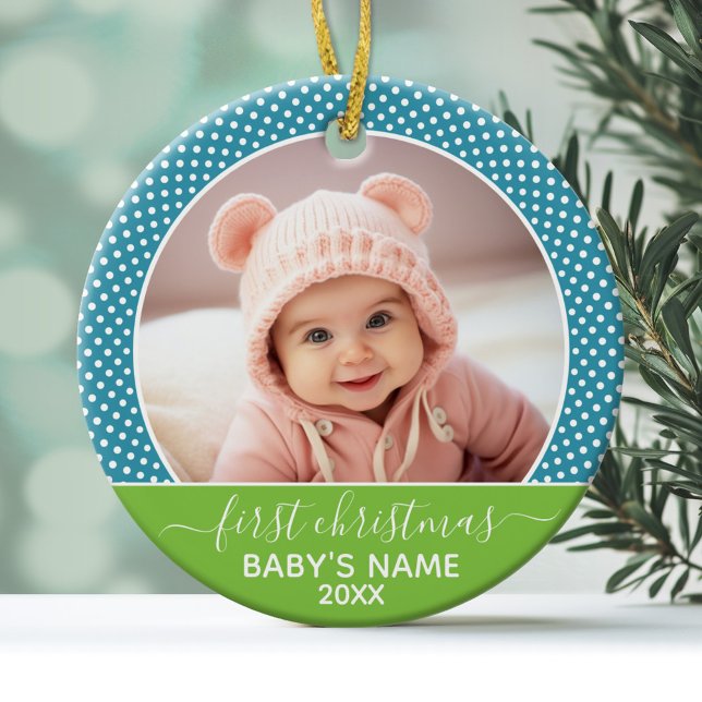 Baby's First Christmas Photo - Blue Lime Ceramic Tree Decoration (Personalized Photo Ornament - Baby's First Christmas)