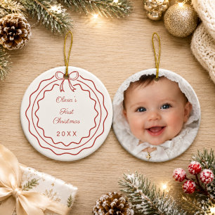 Baby's First Christmas photo bow scalloped Ceramic Tree Decoration