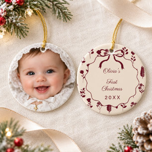 Baby's First Christmas photo bow wildflowers cream Ceramic Tree Decoration