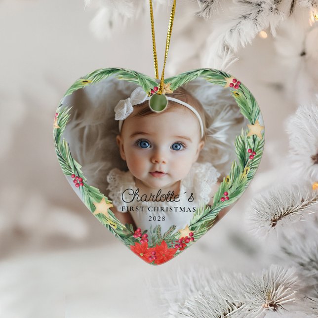 Baby's First Christmas – Photo Ceramic Tree Decoration (Baby's First Christmas – Photo - Heart - Ceramic Ornament.)