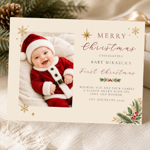 Baby's First Christmas Photo Champagne Holiday Postcard