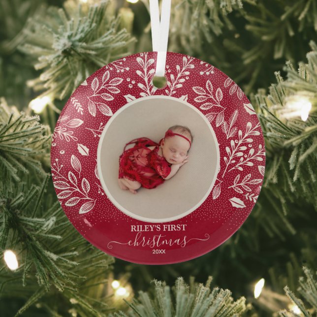 Baby's First Christmas Photo Cranberry Glass Tree Decoration (Insitu)