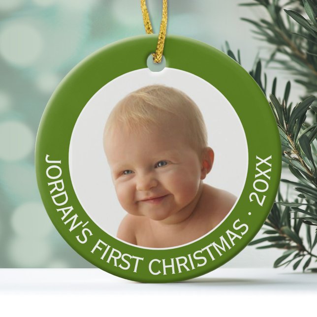 Baby's First Christmas Photo Custom Name and Year Ceramic Tree Decoration (Personalized Photo Ornament - First Christmas)