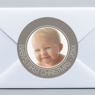 Baby's First Christmas Photo Custom Name and Year Classic Round Sticker
