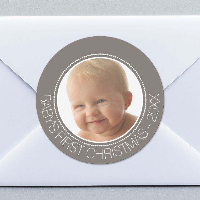 Baby's First Christmas Photo Custom Name and Year Classic Round Sticker (Custom Sticker for Party Favors or Envelopes)