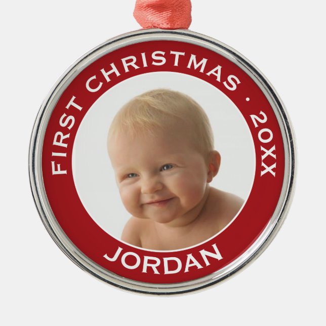 Baby's First Christmas Photo Custom Name and Year Metal Tree Decoration (Front)