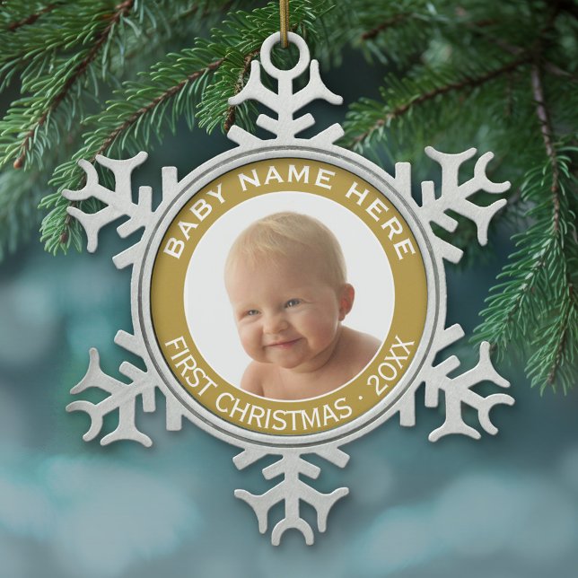 Baby's First Christmas Photo Custom Name and Year Snowflake Pewter Christmas Ornament (Personalized pewter Christmas Ornament - Baby's First Christmas)