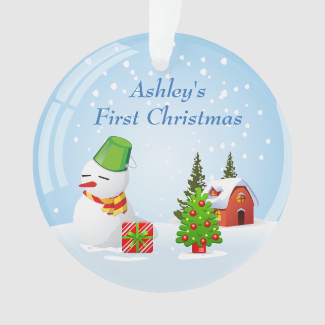 Baby's First Christmas Photo Cute Snowball Snowman Ornament (Front)