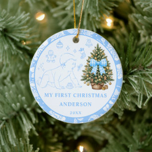 Baby's First Christmas Photo Dusty Blue Lace Ceramic Tree Decoration