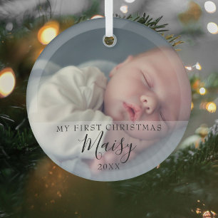 Baby's First Christmas Photo Elegant Script Glass Tree Decoration